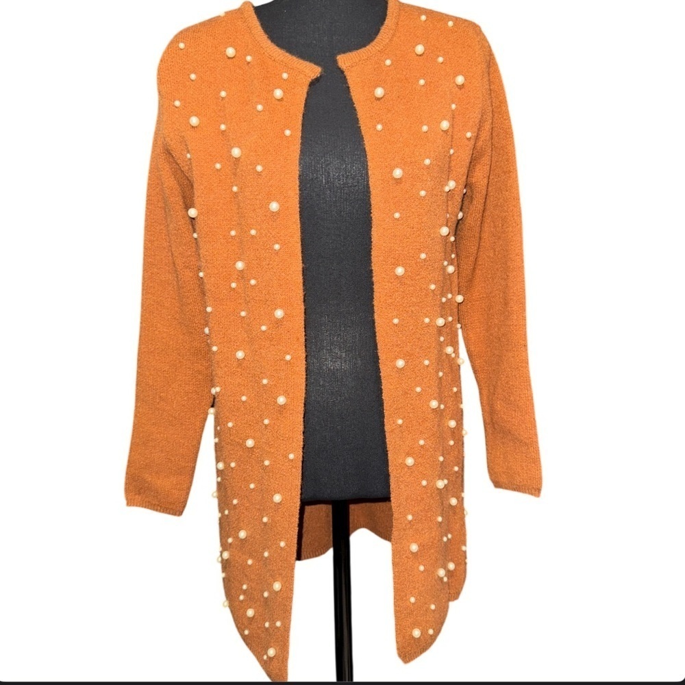 Luna Brown Open Front Cardigan Sweater W/ Pearl Detail Size Small